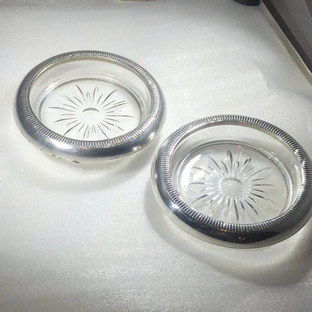 VINTAGE CROWN STERLING & CRYSTAL SUNBURST COASTERS OR ASHTRAYS - SET OF 2